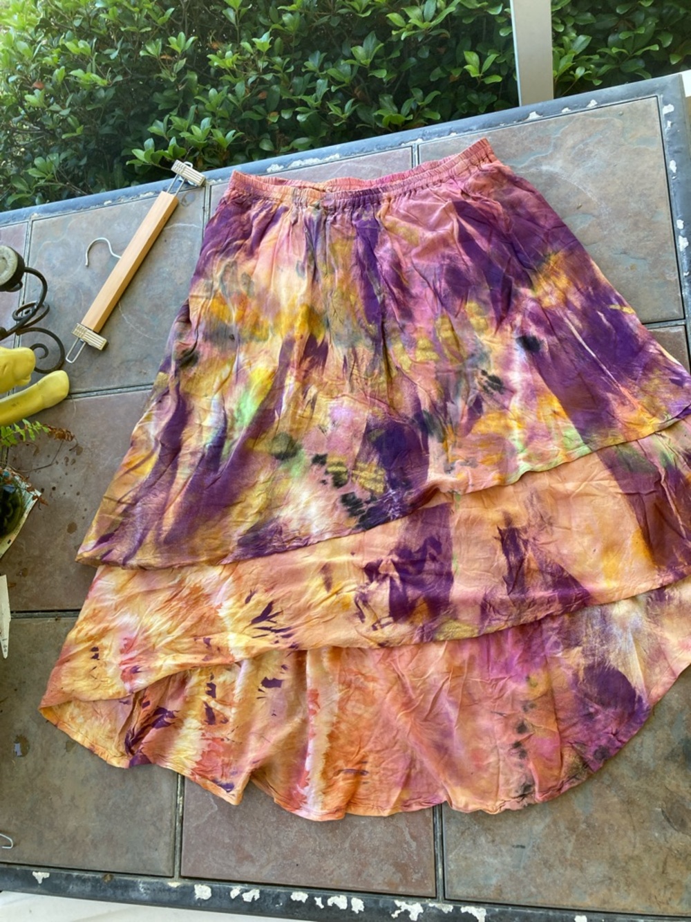 Tiered Tie-Dye Layered High-Low Skirt in Purple, Orange & Yellow
